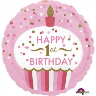 Prvi rođendan okrugao rozi balon sa tortom