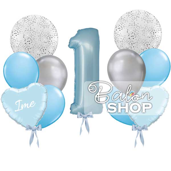 svetlo plavi i srebrni baloni za prvi rodjendan